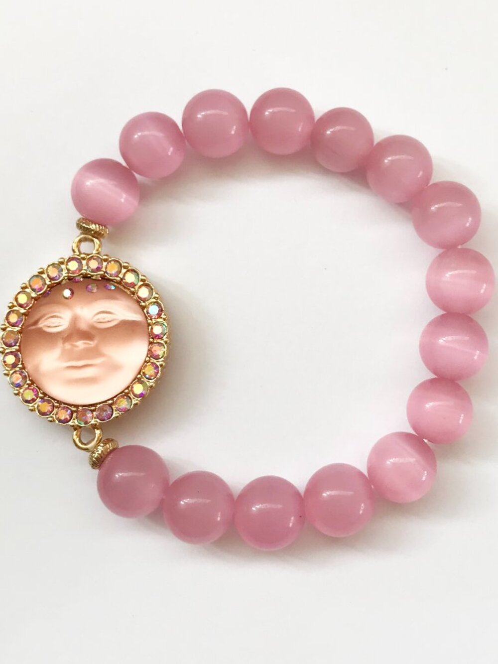 Kirks Folly Cameo Moon Face Pink Cat's Eye Stone Stretch Beaded Bracelet